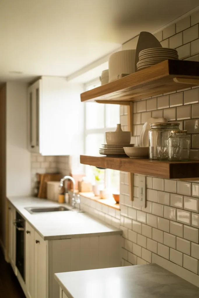small galley kitchen with two reclaimed wood floating shelves on white subway tile wall
