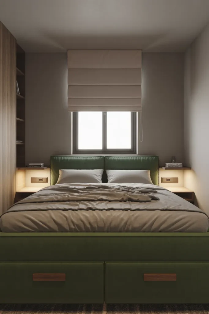 small modern bedroom with a king upholstered storage bed