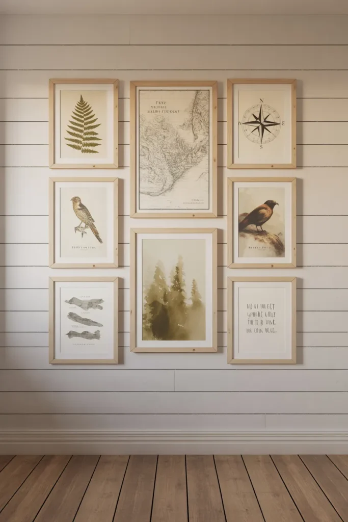 structured 3x3 grid gallery wall on a white shiplap wall