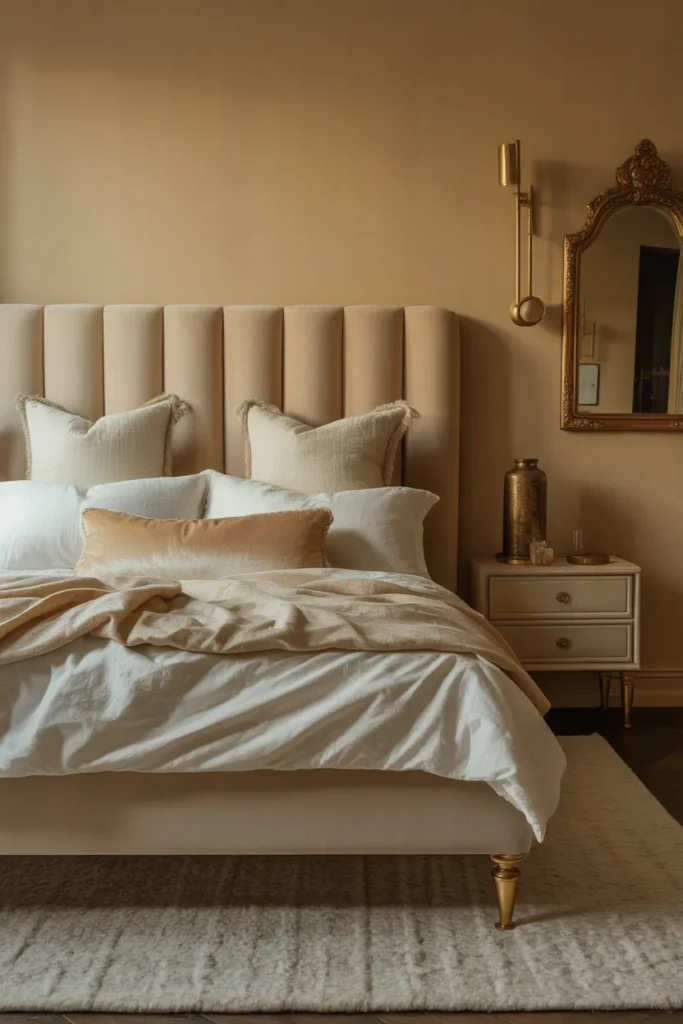 tall cream velvet upholstered headboard