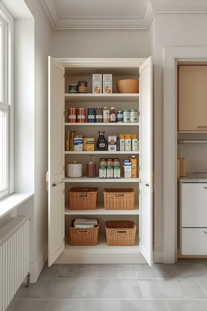 tall pantry armoire in a bright apartment kitchen