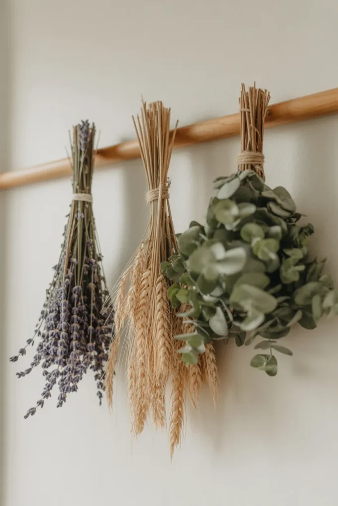 three dried botanical bundles hanging