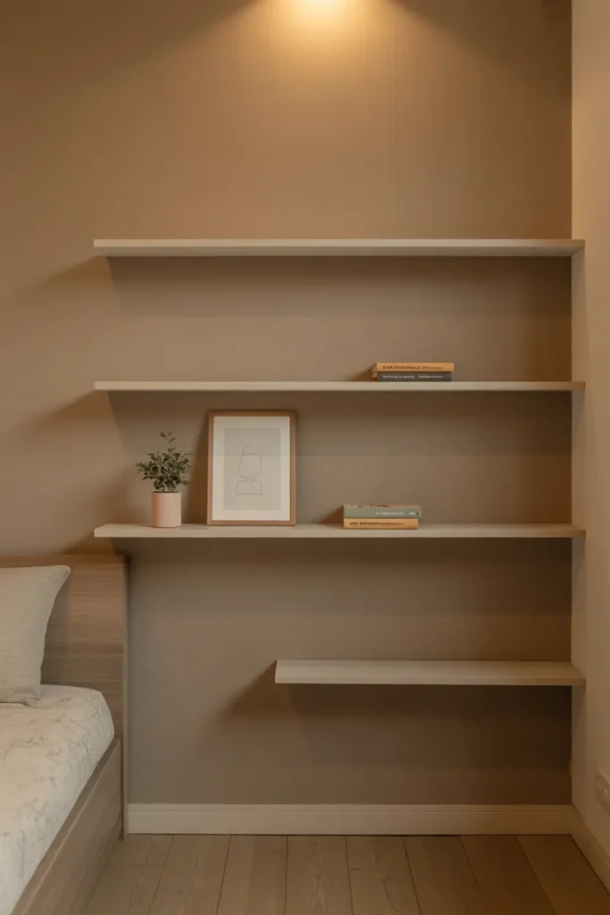 three floating white shelves mounted