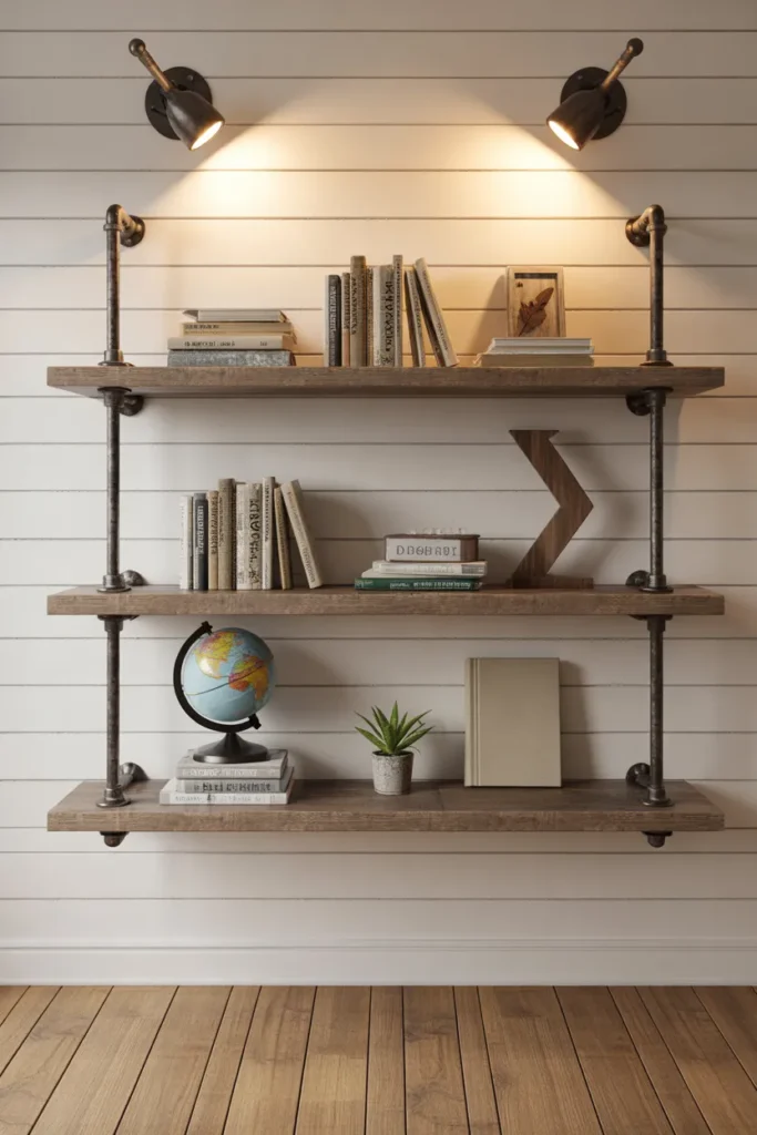 three-level open shelving with black iron pipe brackets