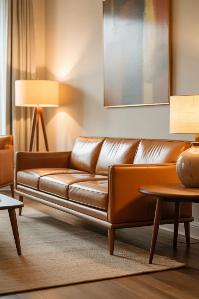 three-seater full-grain camel leather sofa