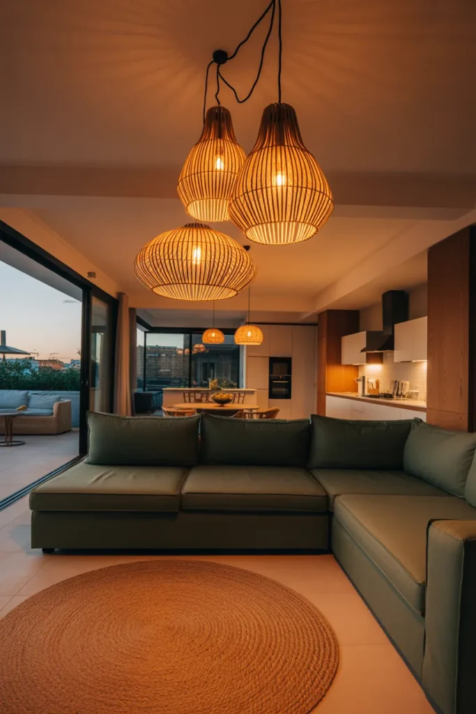 three woven rattan pendant lights