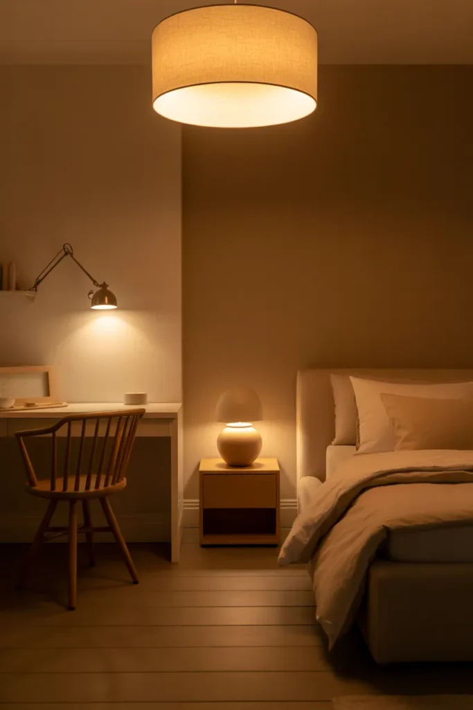 transitional kids bedroom at early evening showing three-layer lighting in effect