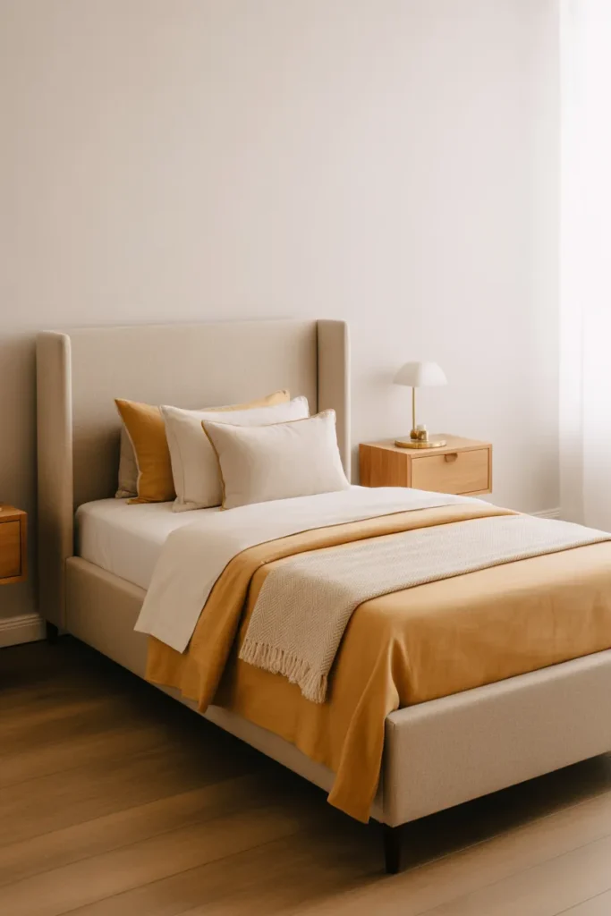 transitional kids bedroom featuring a low-profile upholstered twin bed frame