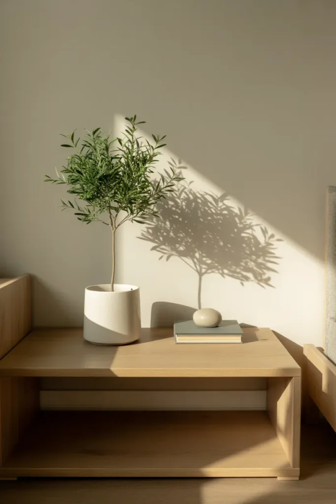 transitional kids bedroom vignette on a light oak floating shelf