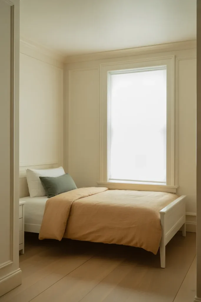 transitional kids bedroom with walls painted in warm off-white with slight cream undertone