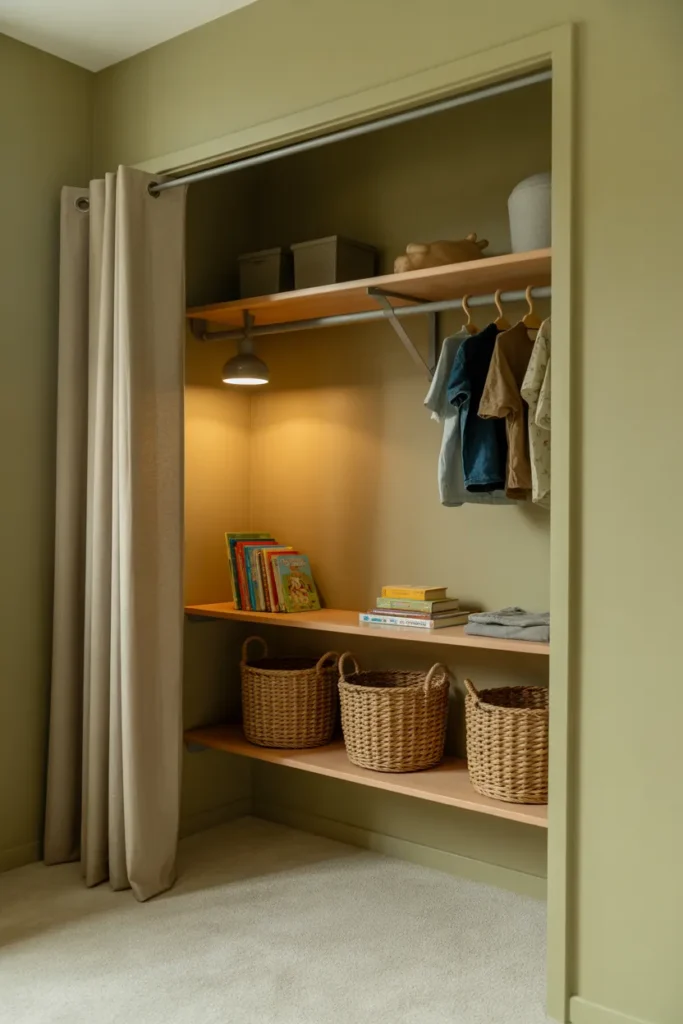 transitional kids room open closet alcove without a door