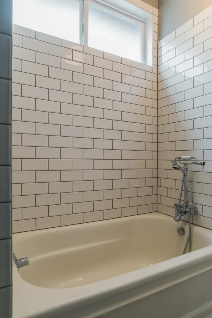 tub-shower combo with smooth bright white waterproof wall panels installed over previous tile