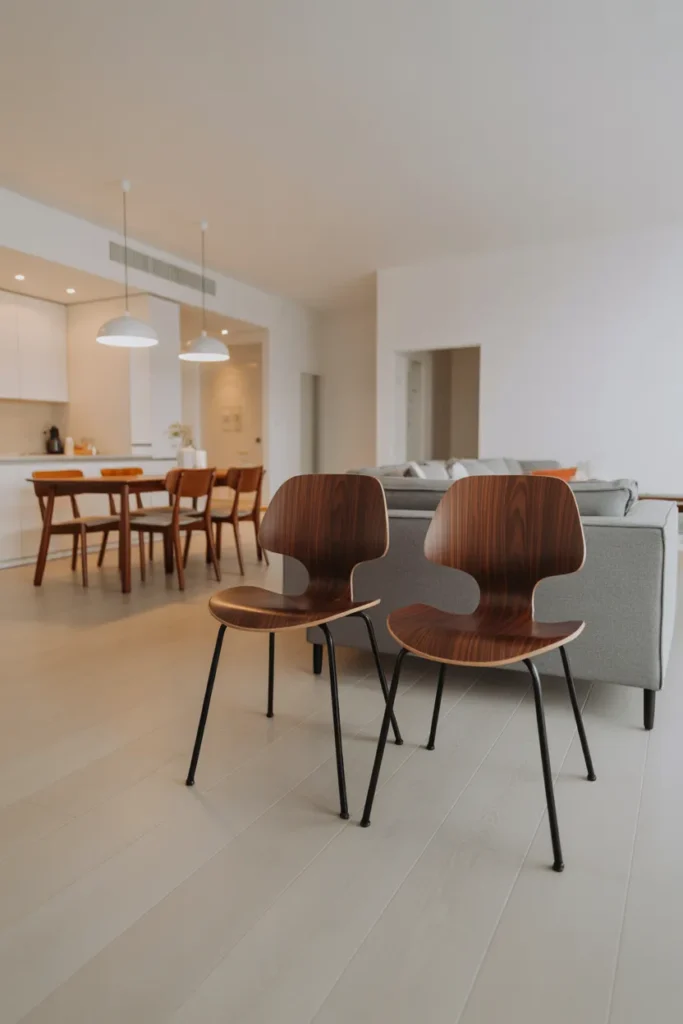 two Eames-style molded walnut dining chairs