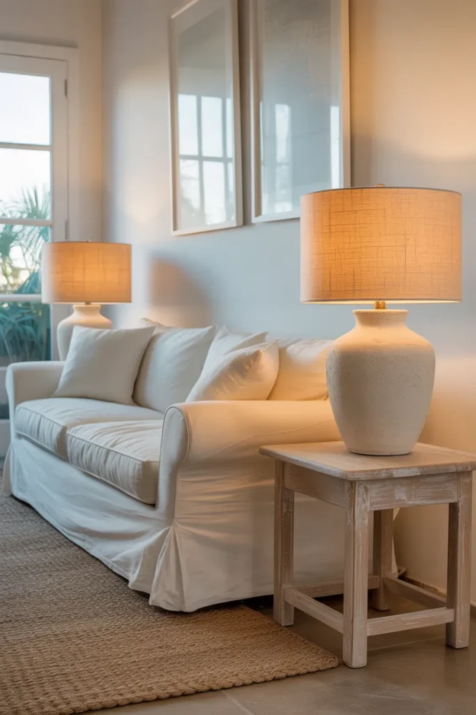 two matching off-white ceramic table lamps