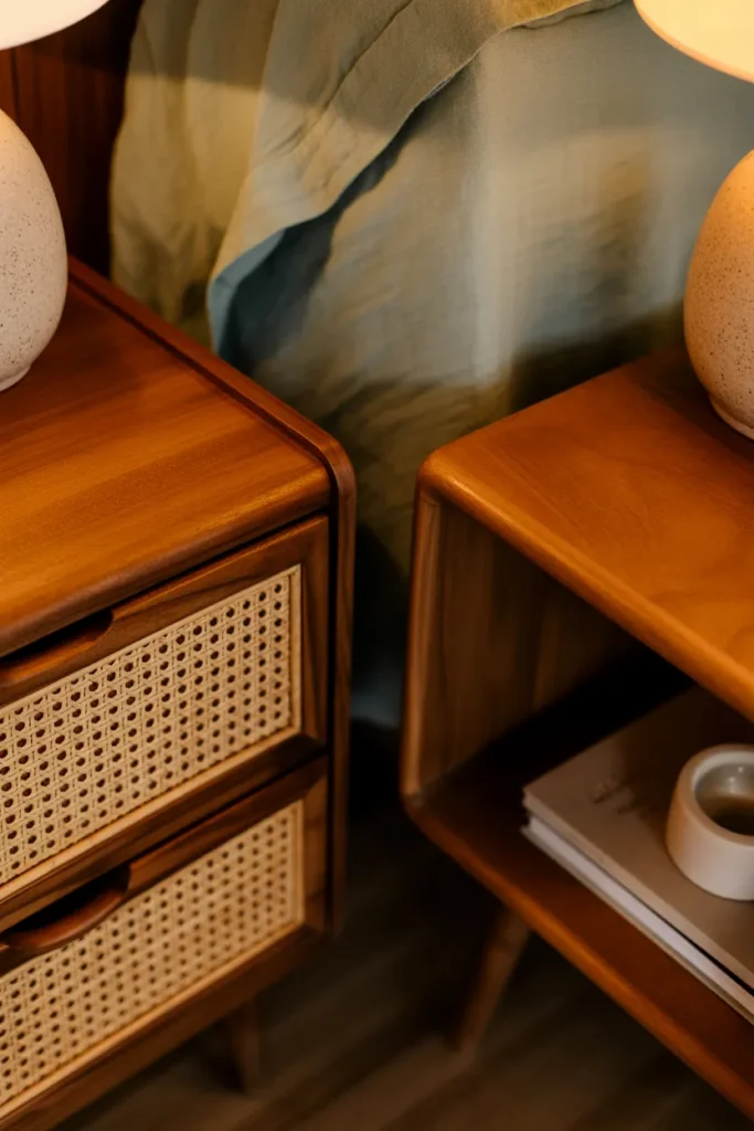 two mismatched but coordinating nightstands
