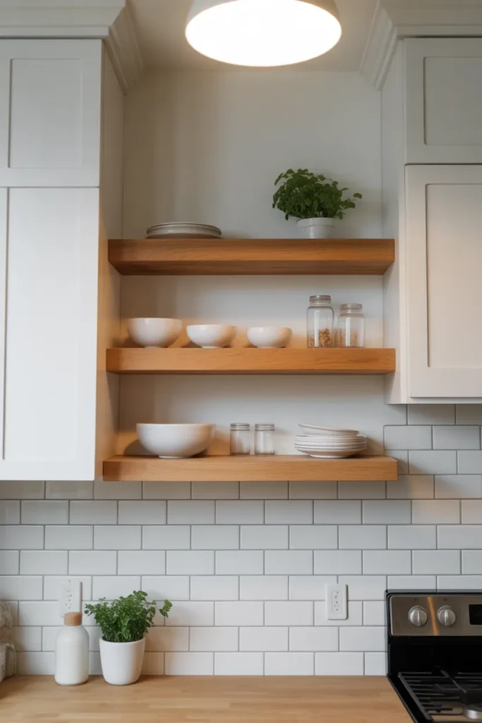 three open natural oak floating shelves replacing upper cabinet doors