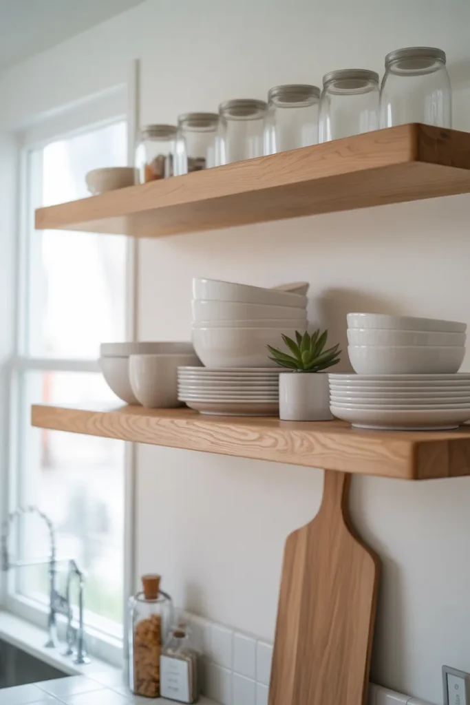 two open white oak floating shelves styled in a consistent white and natural wood palette