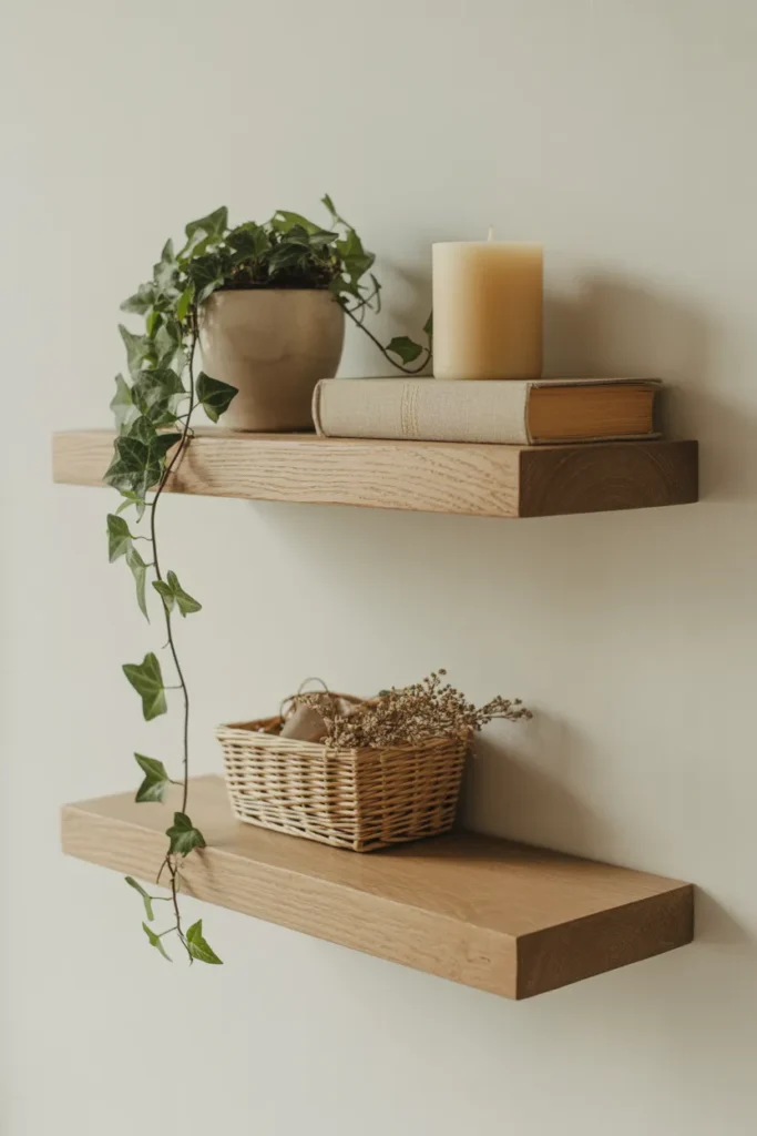 two raw-edge oak floating shelves on a soft white wall