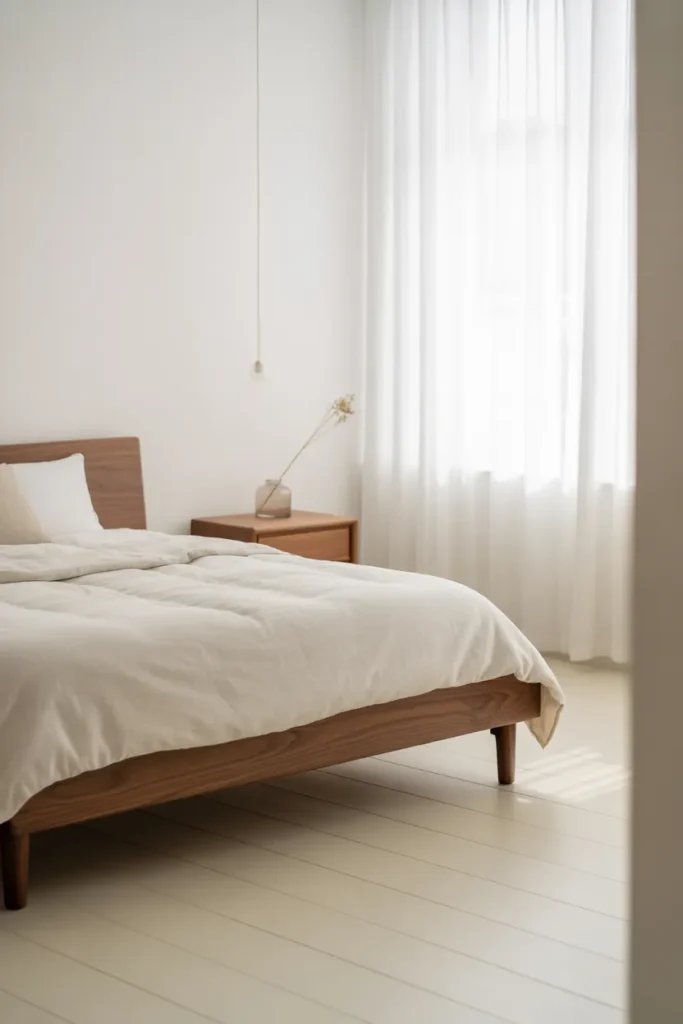 ultra-clean minimalist bedroom with white walls