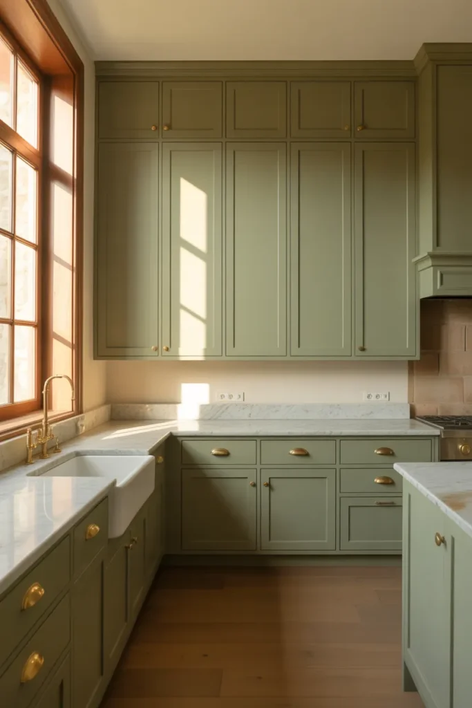 Sage Green Kitchen With Unlacquered Brass Hardware