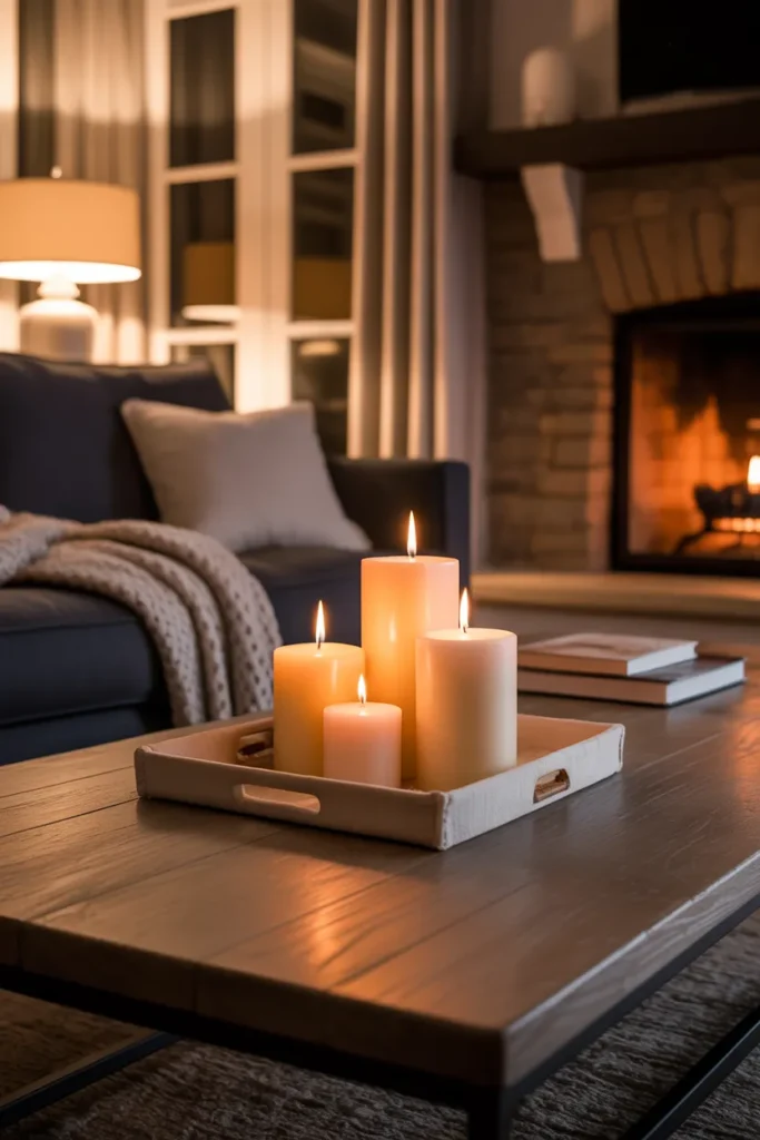 varying-height pillar candles in cream and ivory on a linen tray