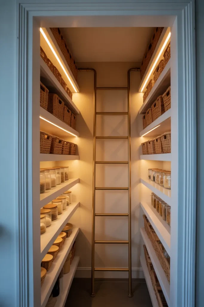 walk-in pantry with floor-to-ceiling white painted wood shelving on both walls