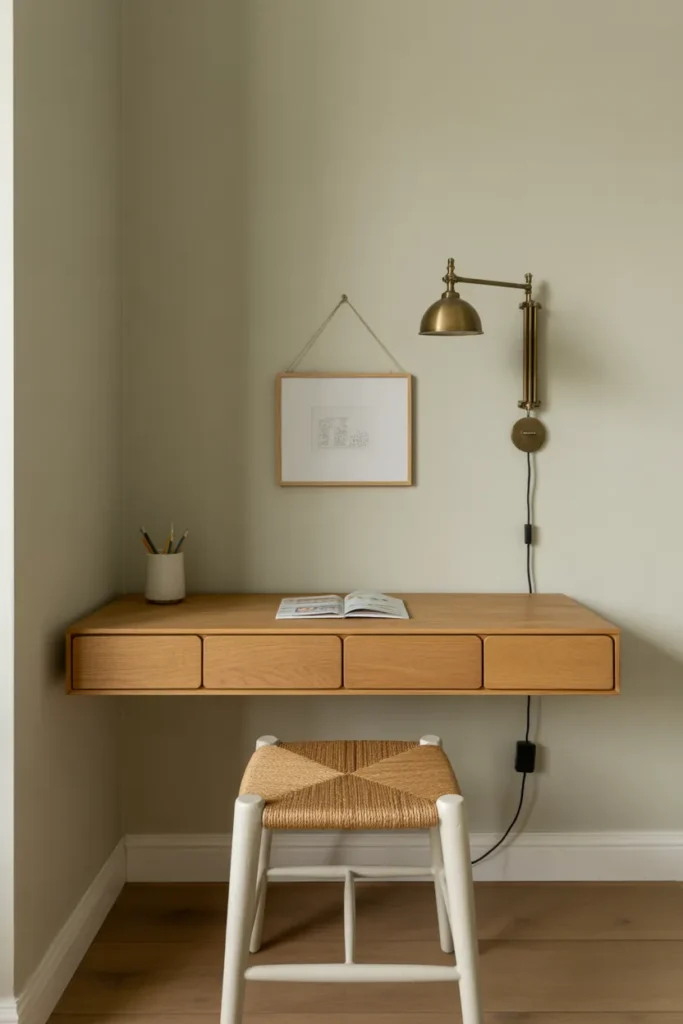wall-mounted floating desk in natural white oak finish at mid-height on a greige wall