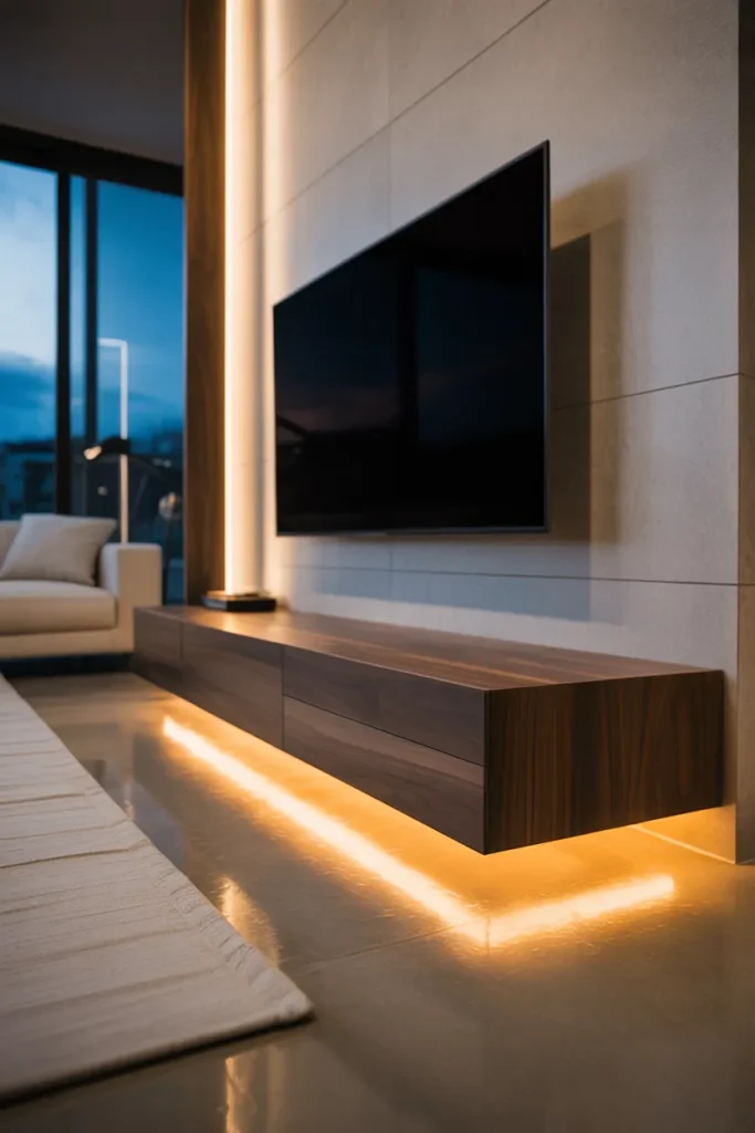 warm amber LED strips glowing underneath the console