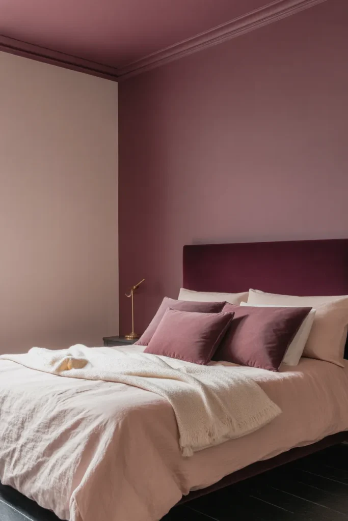 warm plum matte paint on headboard wall and ceiling