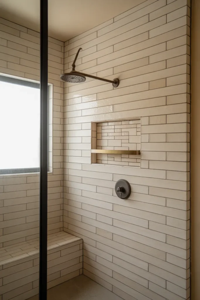 warm white porcelain slab tiles in a horizontal stacked pattern