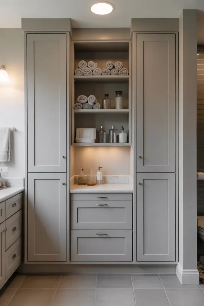 well-organized bathroom storage wall built from modular white cabinet units