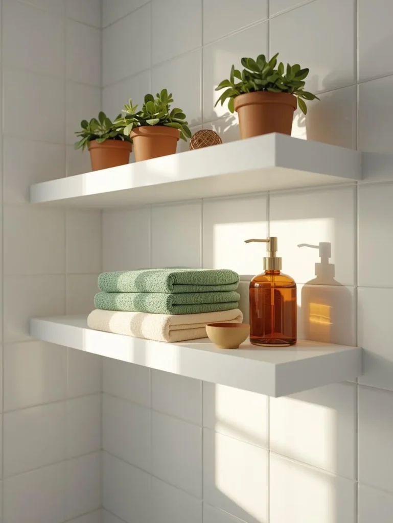 white bathroom open floating shelves