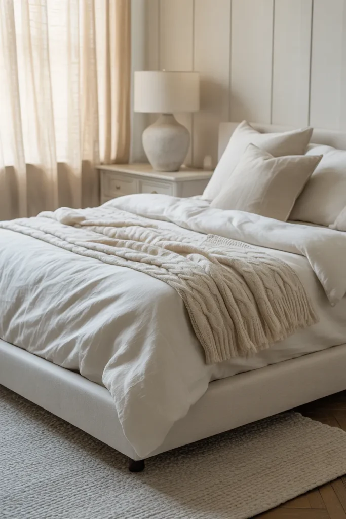 white linen upholstered platform bed