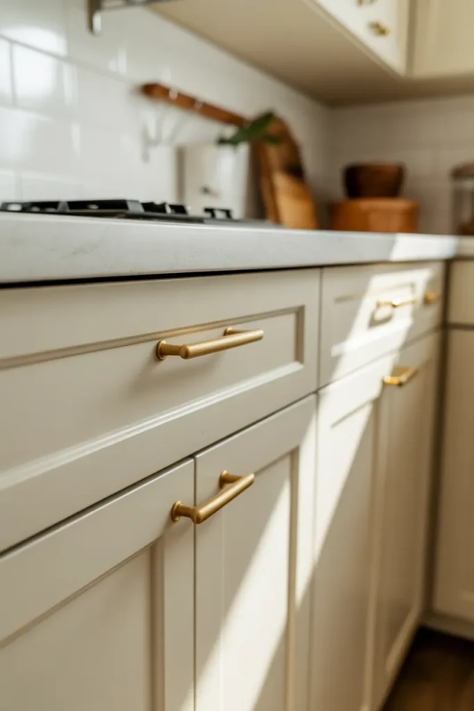 white shaker cabinet doors with slim brushed warm brass bar pull hardware