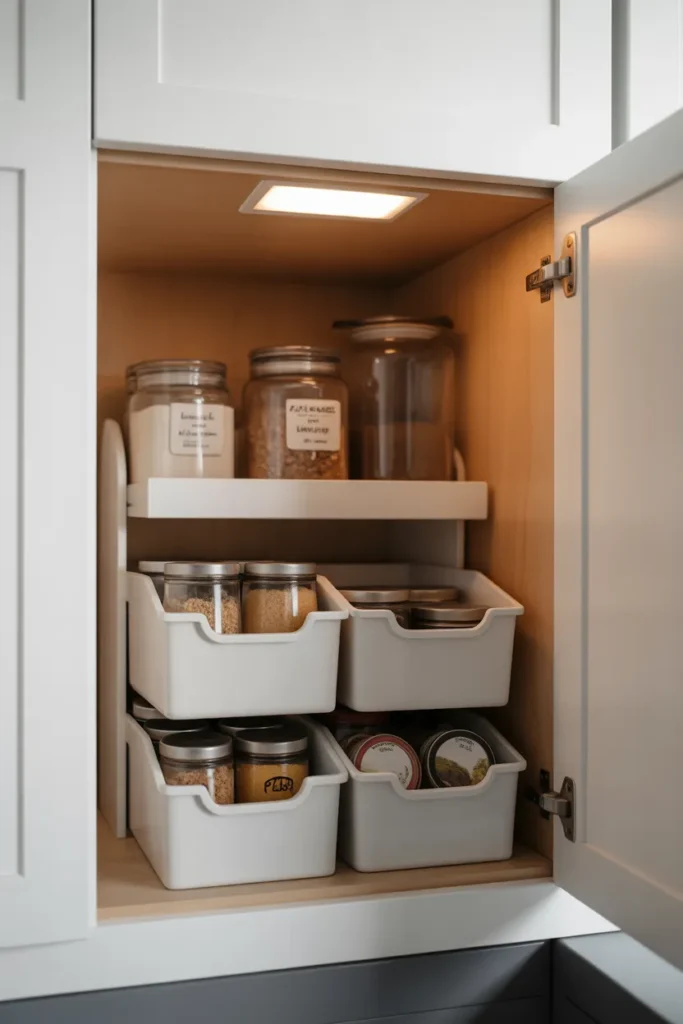 white stackable organizer bins neatly containing dry goods