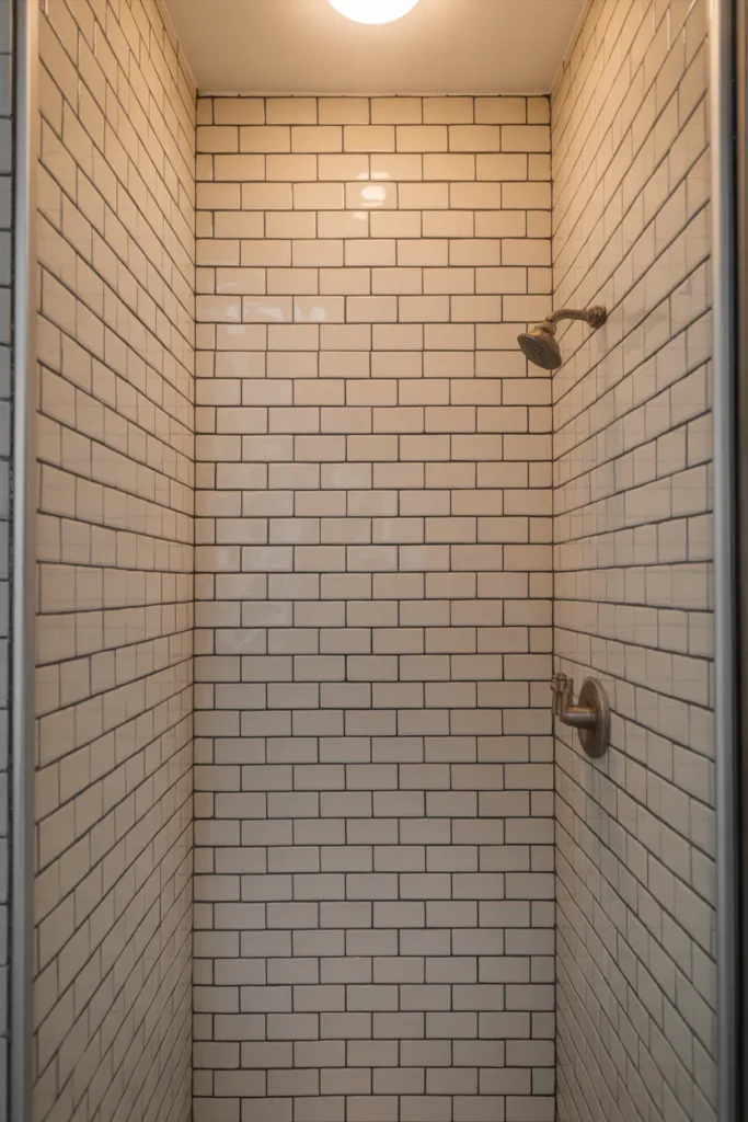 white subway tile installed vertically in a straight stacked pattern