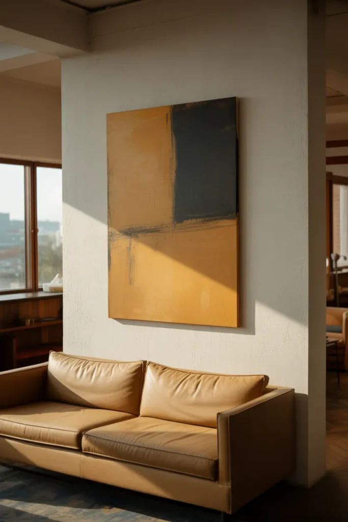 wide living room with a single oversized abstract canvas