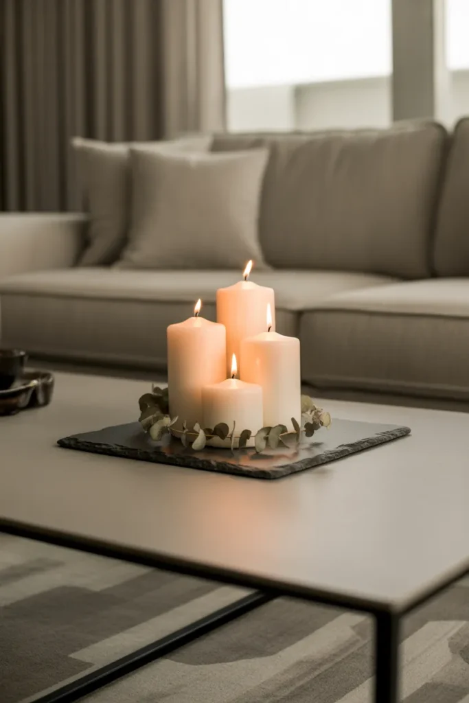 wide rectangular light grey concrete coffee table