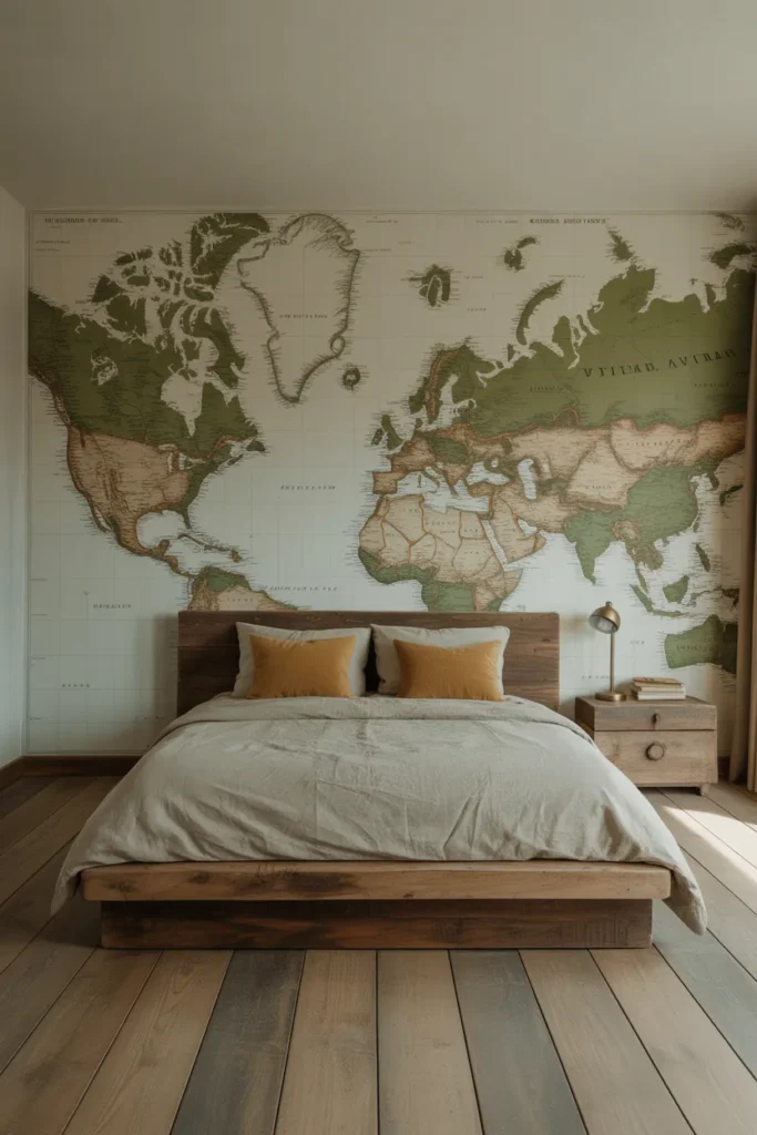 wide topographic wilderness map mural in muted olive green