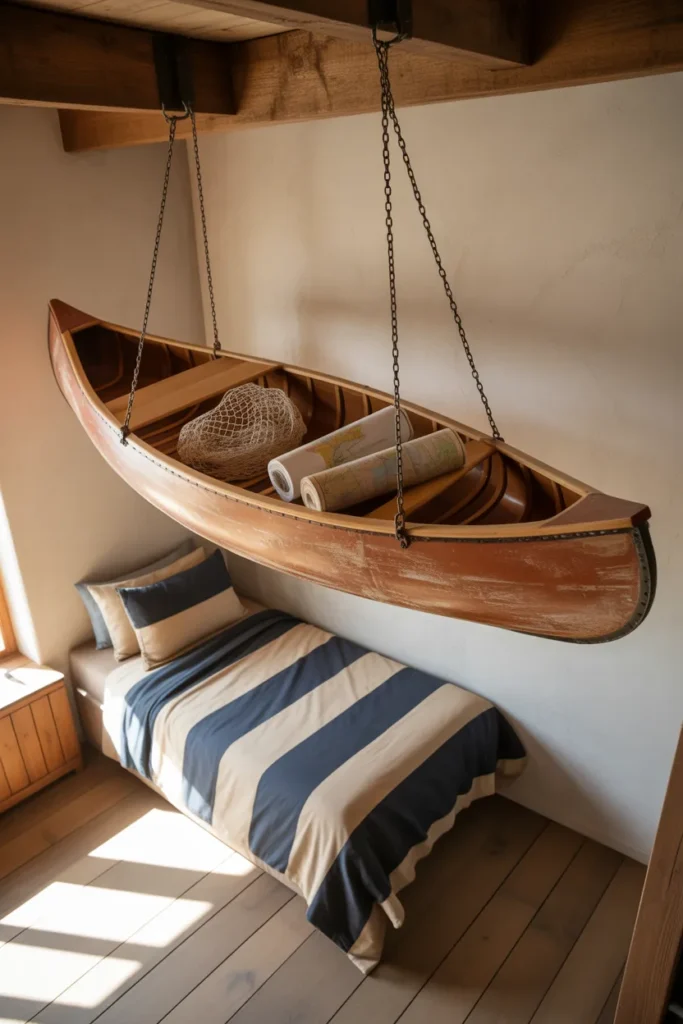 wooden canoe in weathered cedar tone hanging