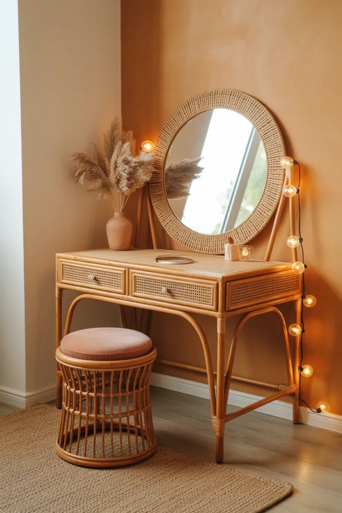 A Boho-Style Vanity Desk With Rattan, Dried Florals, and Warm Wood Tones
