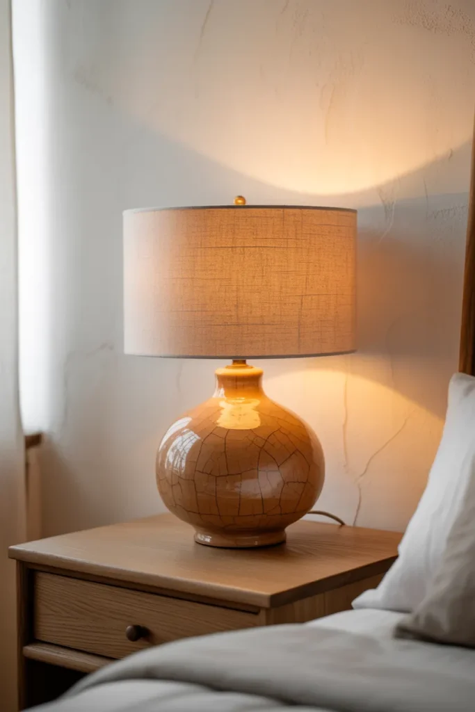 A Ceramic Table Lamp With a Linen Drum Shade