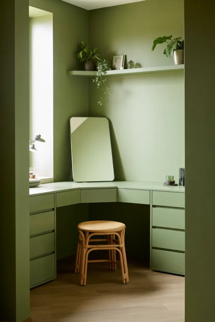 A Corner Vanity Desk Setup That Maximizes Dead Space in Any Bedroom