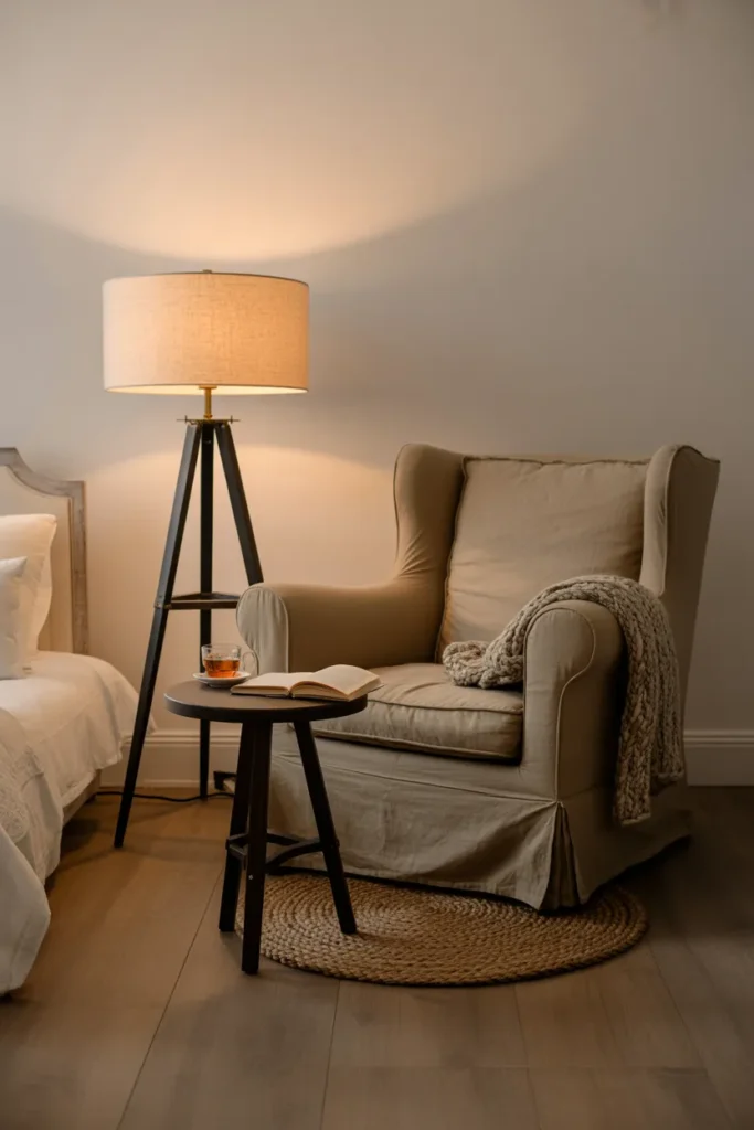 A Cozy Reading Corner With a Farmhouse-Style Upholstered Chair