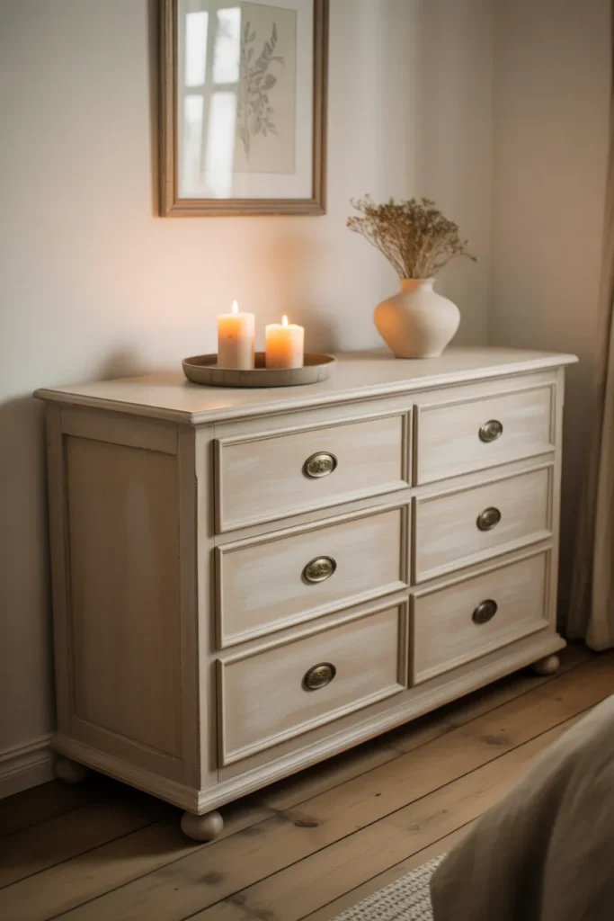 A Cream Painted Wooden Dresser With Aged Hardware
