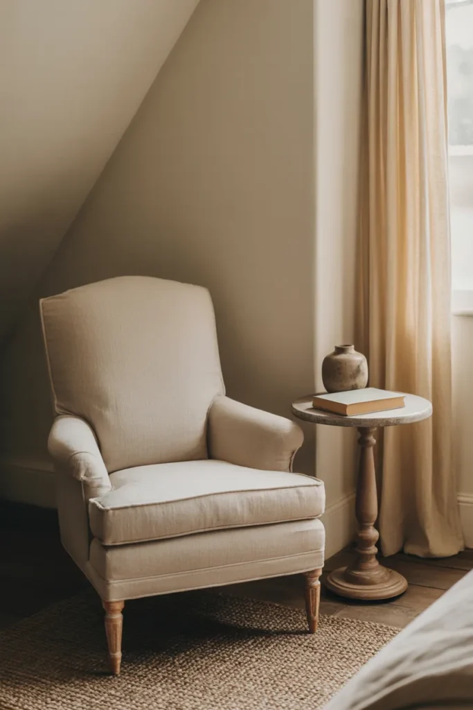 A Cream Upholstered Armchair in a Corner