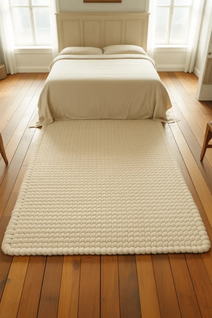 A Cream Wool or Cotton Area Rug That Grounds the Bed