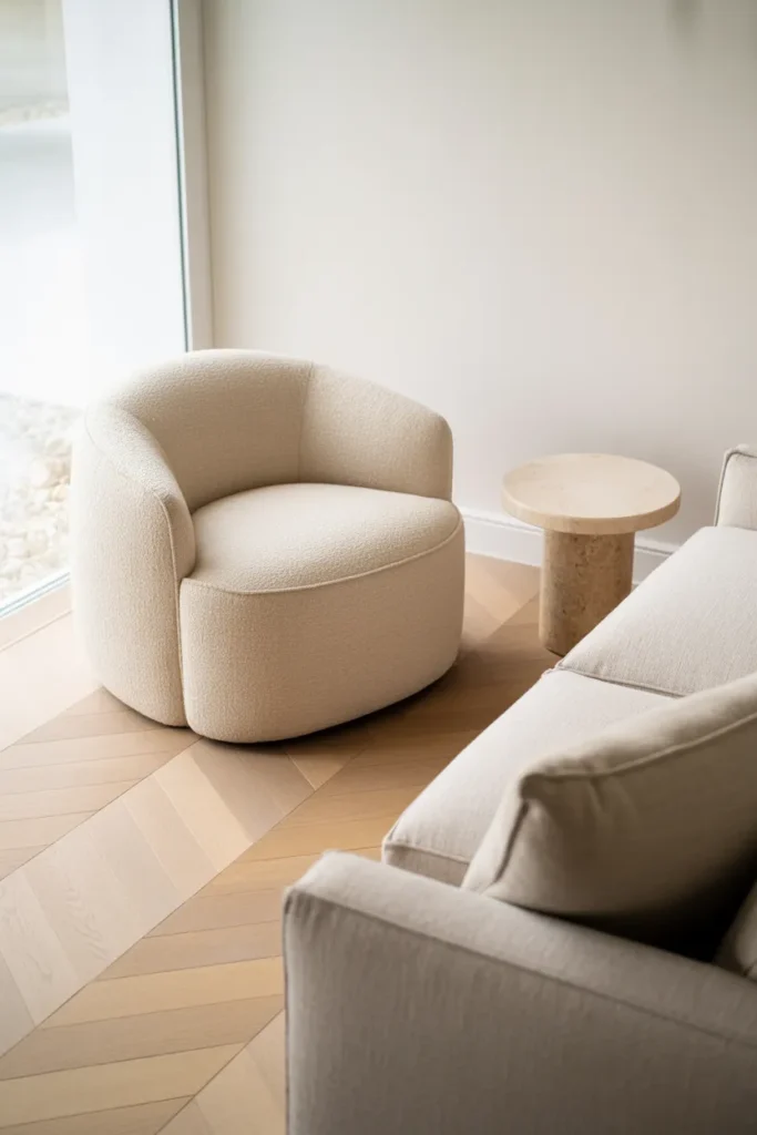 A Curved Barrel Chair That Softens a Room Full of Hard Lines and Rectangular Furniture
