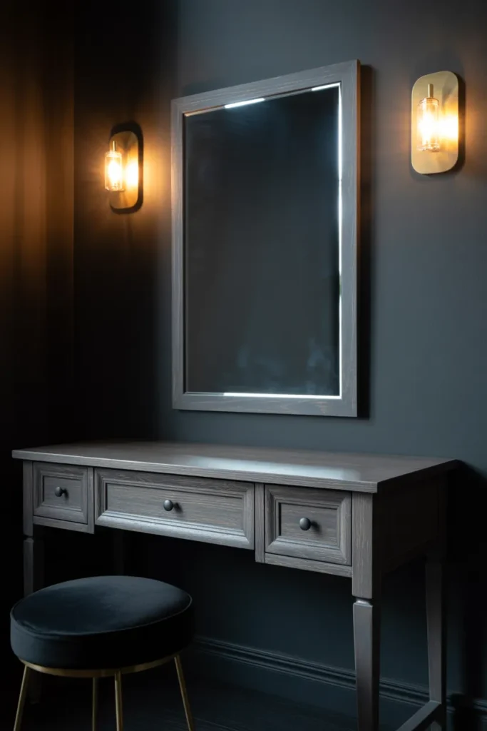 A Dark and Moody Vanity Desk Setup That Looks Striking in a Low-Light Room