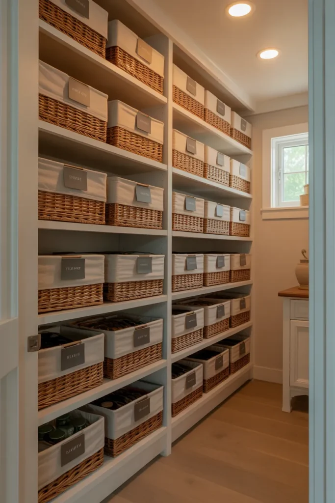 A Labeled Bin and Basket Shelf System That Maintains Long-Term Pantry Organization